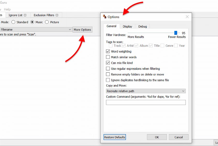 more options dupeGuru